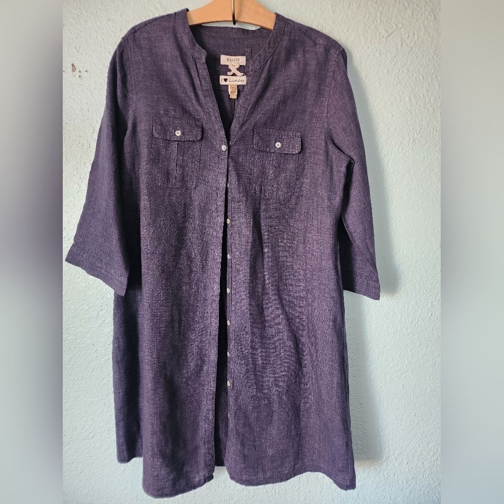 Women's Linen Blue Button-Up Tunic Dress - Picture 1 of 11